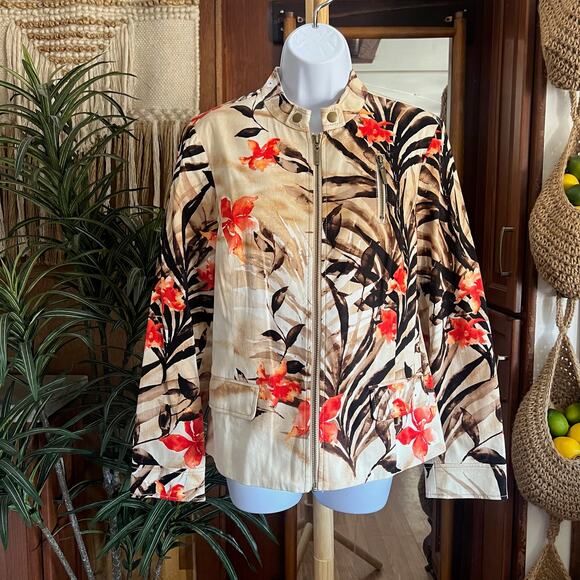 Chico’s Floral Bomber Jacket M | Tropical Zip Up Lightweight Resort Coat Coral - Picture 1 of 6